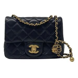 NWT 2022 CHANEL Black Mini Square Pearl Crush Gold Ball Lambskin Flap Bag